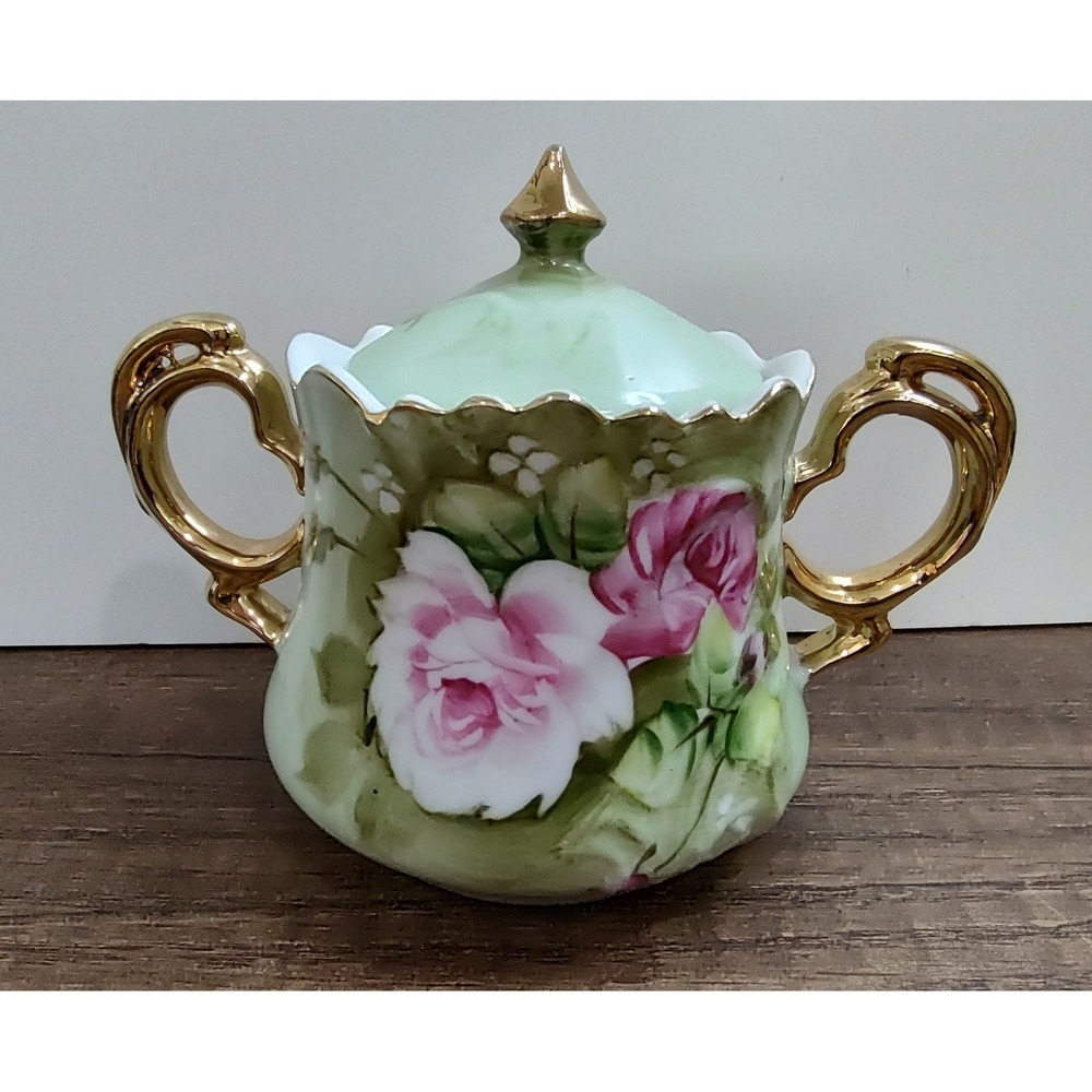 Sugar Bowl & Lid Heritage Green by LEFTON Vintage Rose Pattern Gold Trim